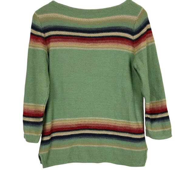LRL Southwestern Aztec Knit Pullover Sweater Medium Green Striped Cotton Linen - Picture 6 of 9